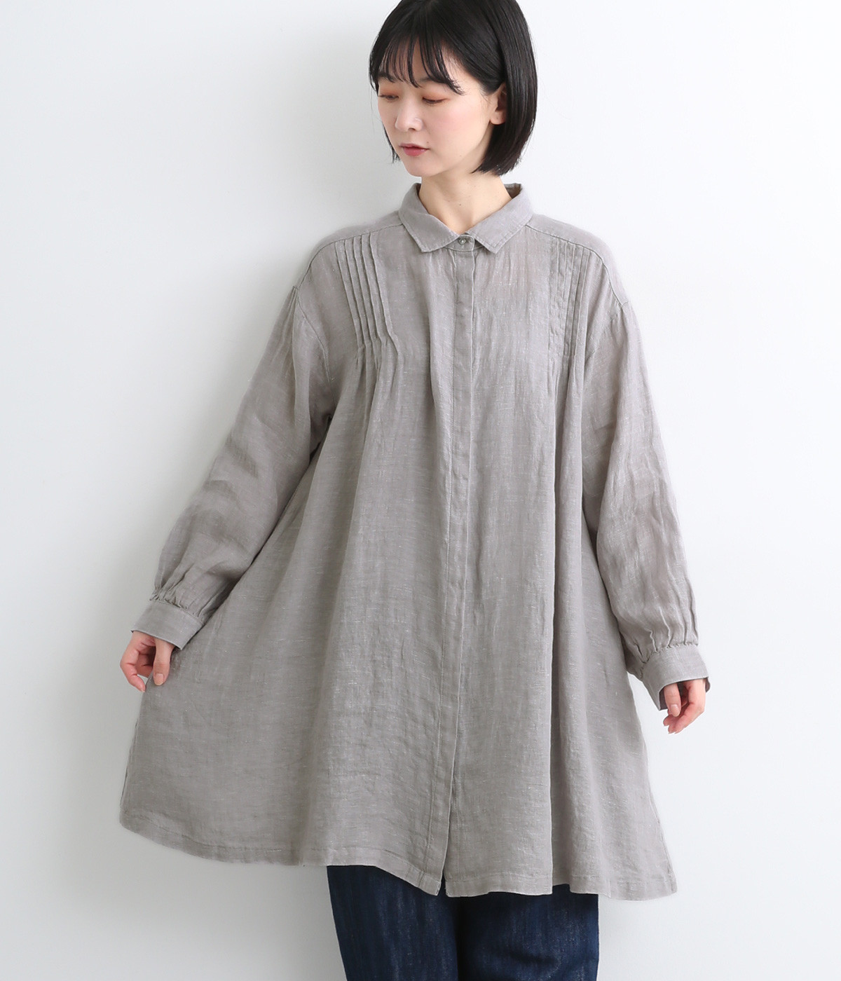 リネンシャンブレータックシャツ風チュニック(スチールグレー-ONESIZE)