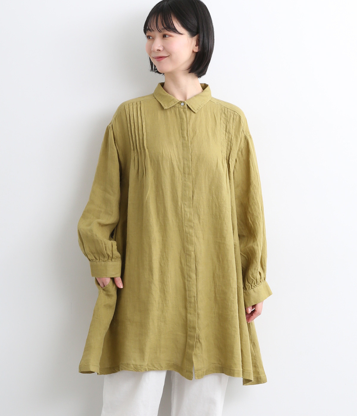 リネンシャンブレータックシャツ風チュニック(マスタード-ONESIZE)