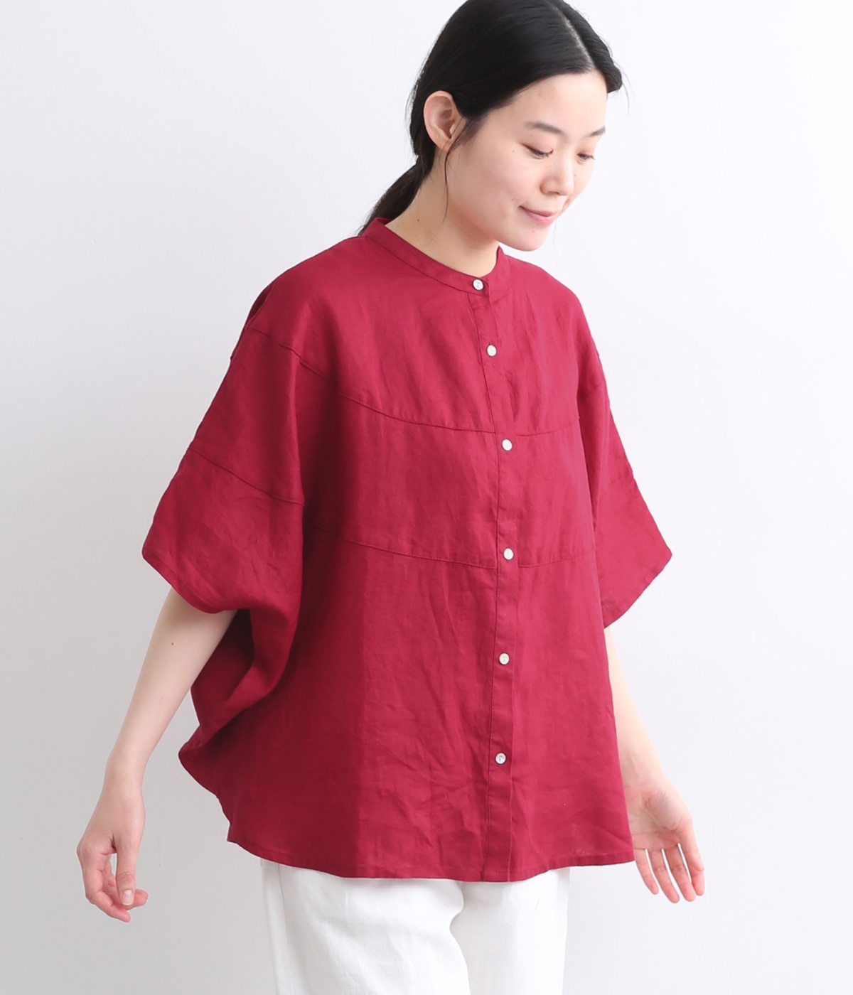 14番手リネン切り替えサークルブラウス(レッド-ONESIZE)