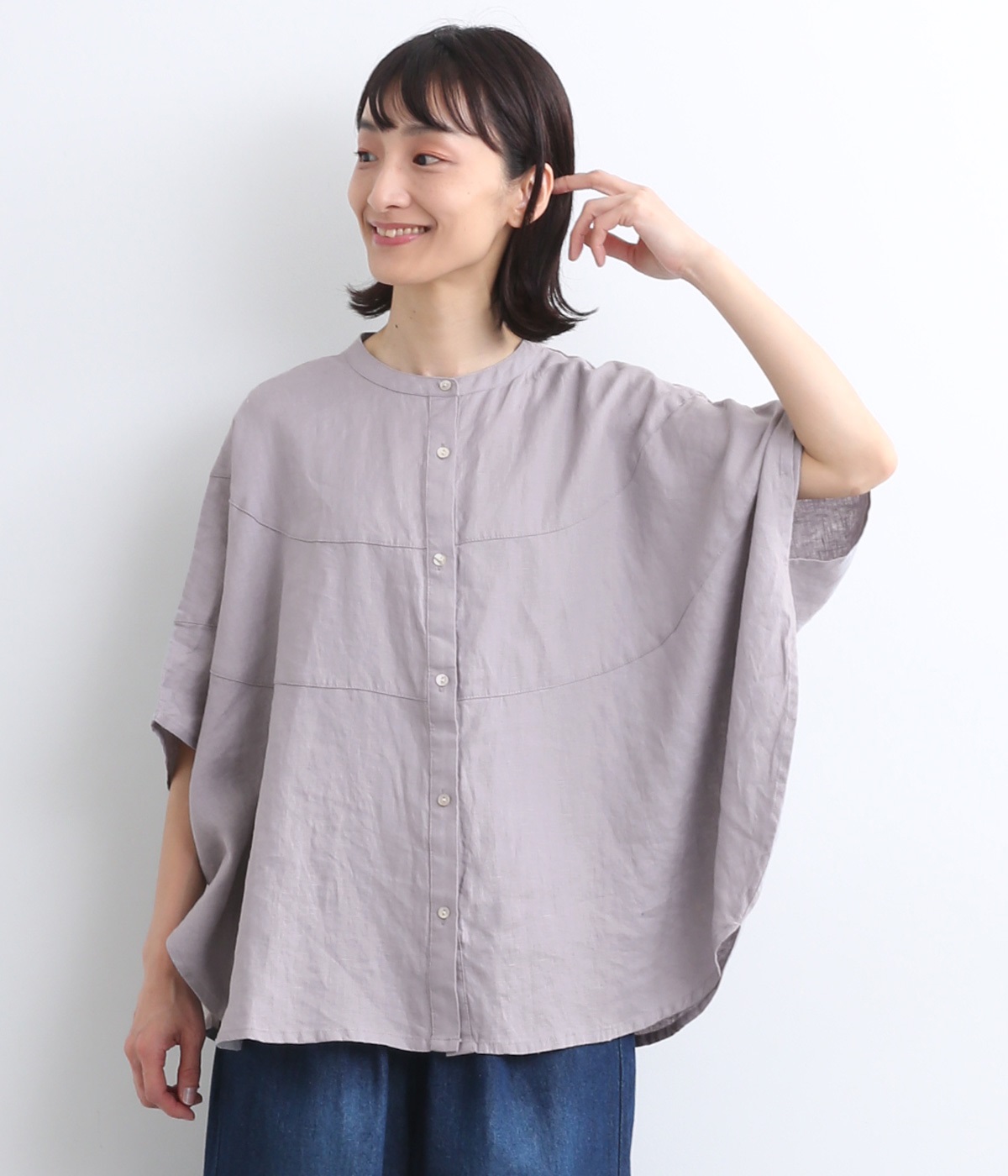 14番手リネン切り替えサークルブラウス(スチールグレー-ONESIZE)