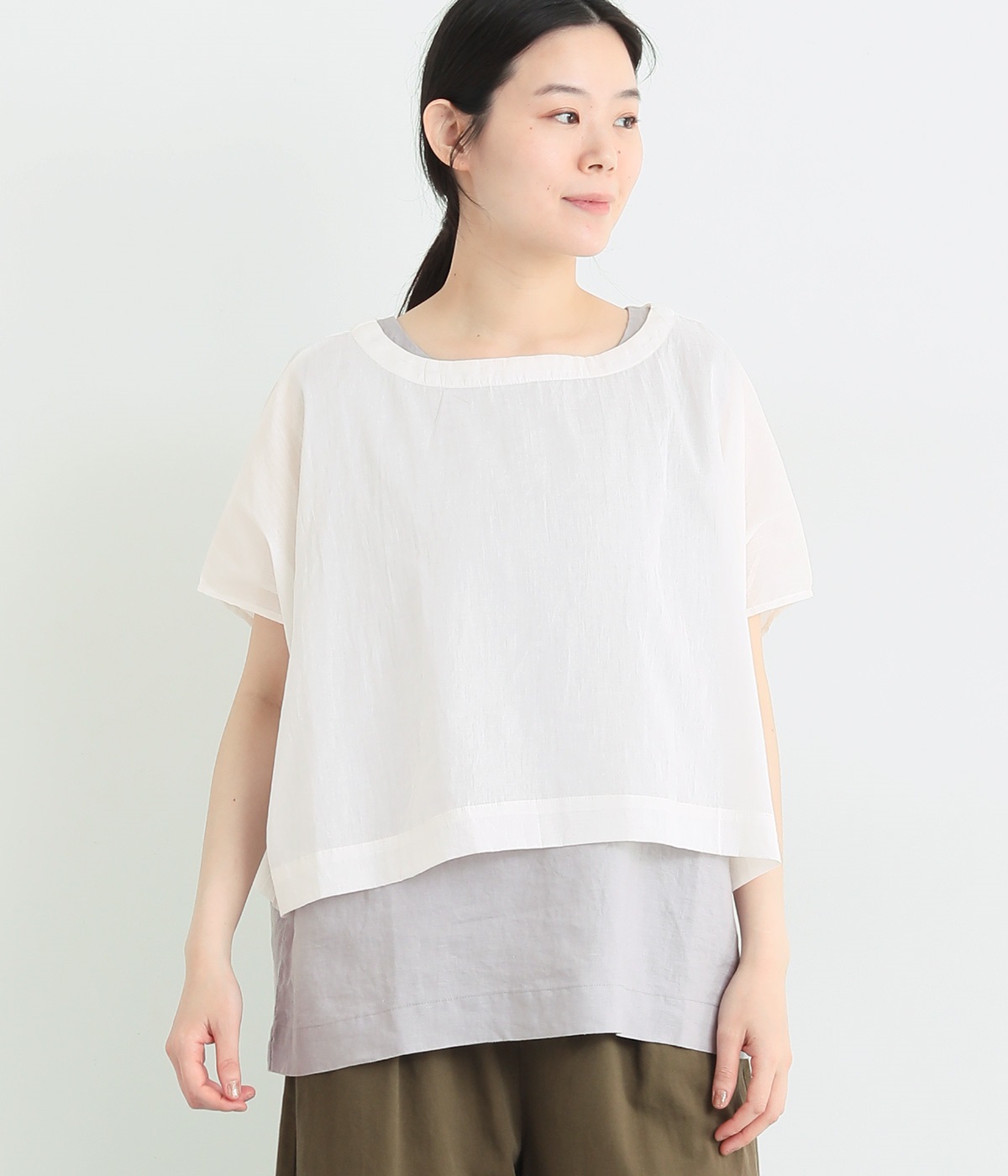 別注｜14番手リネン　レイヤードトップスセット(スチールグレー×オフ-ONESIZE)