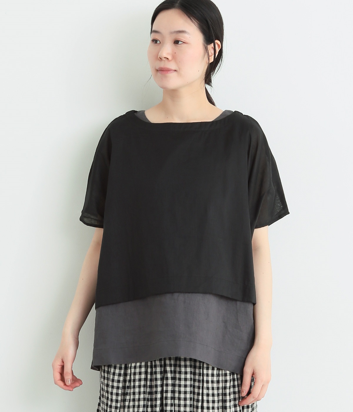 別注｜14番手リネン　レイヤードトップスセット(アッシュグリーン×ブラック-ONESIZE)