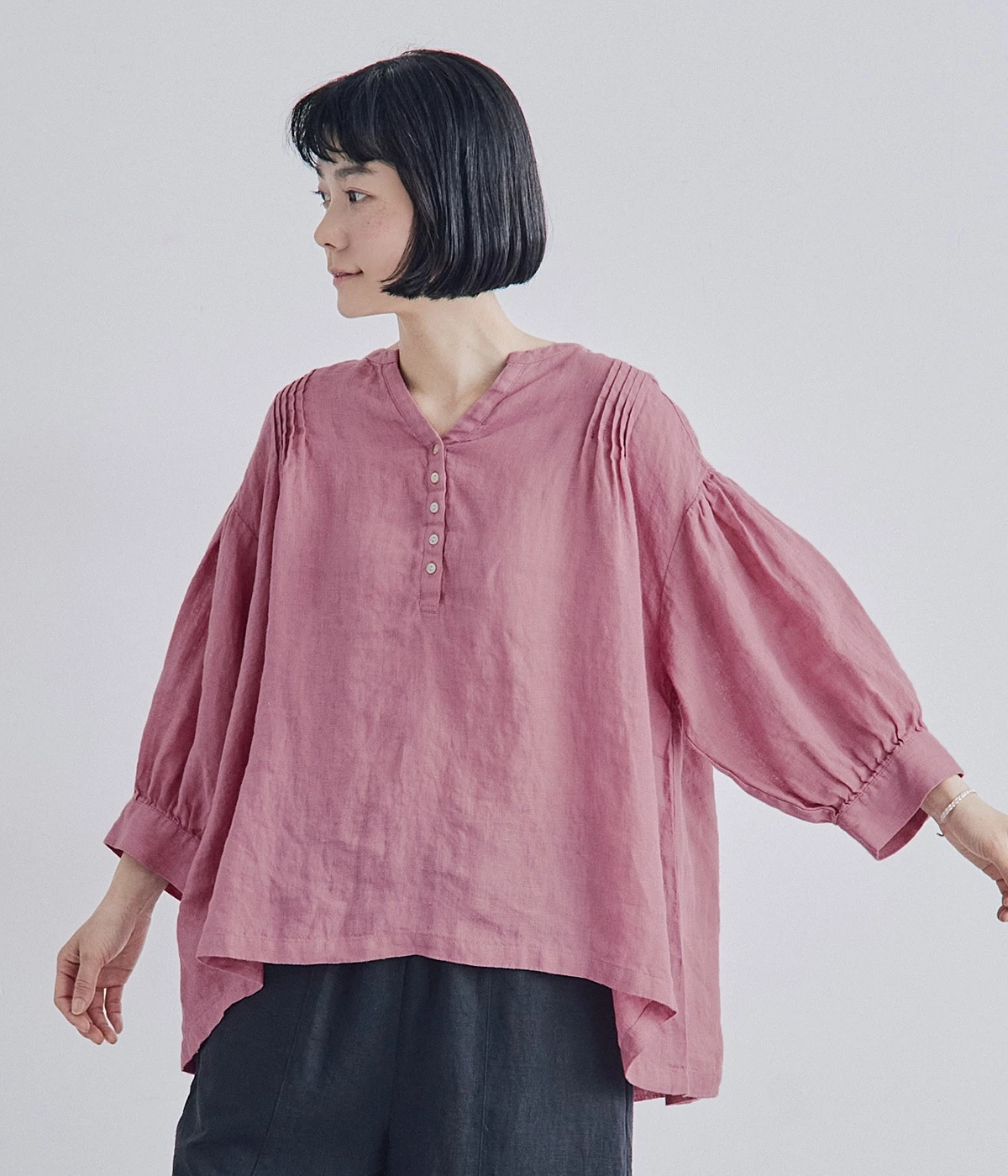 リネンシャンブレー　ボリューム袖ブラウス(マゼンタ-ONESIZE)