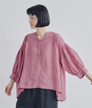 リネンシャンブレー　ボリューム袖ブラウス(マゼンタ-ONESIZE)
