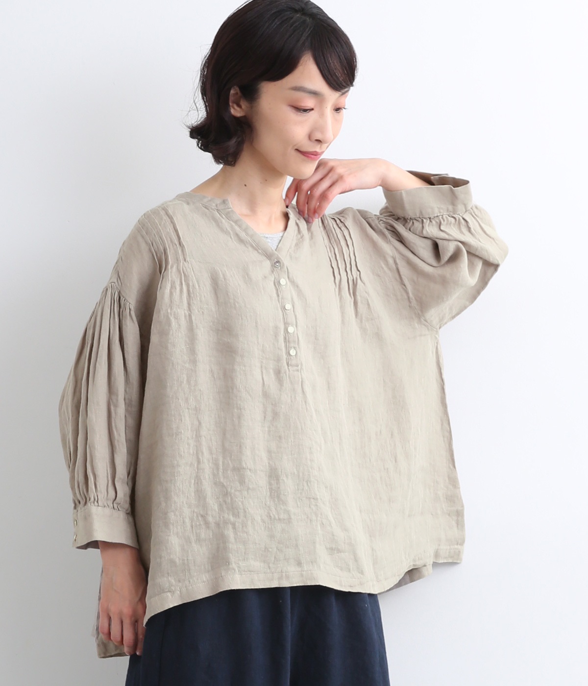 リネンシャンブレー　ボリューム袖ブラウス(ベージュ-ONESIZE)