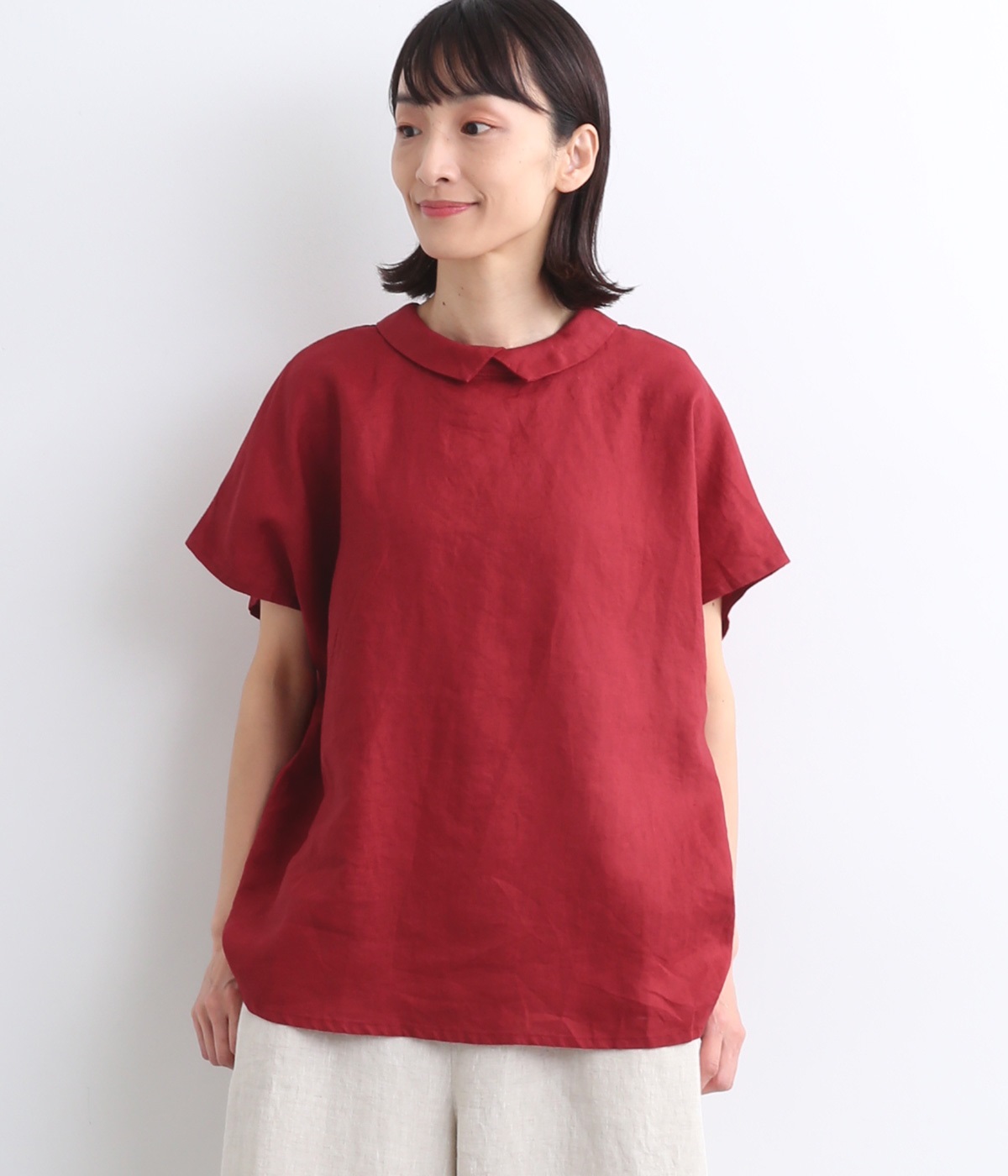 14番手リネン　2way襟付きブラウス(レッド-ONESIZE)