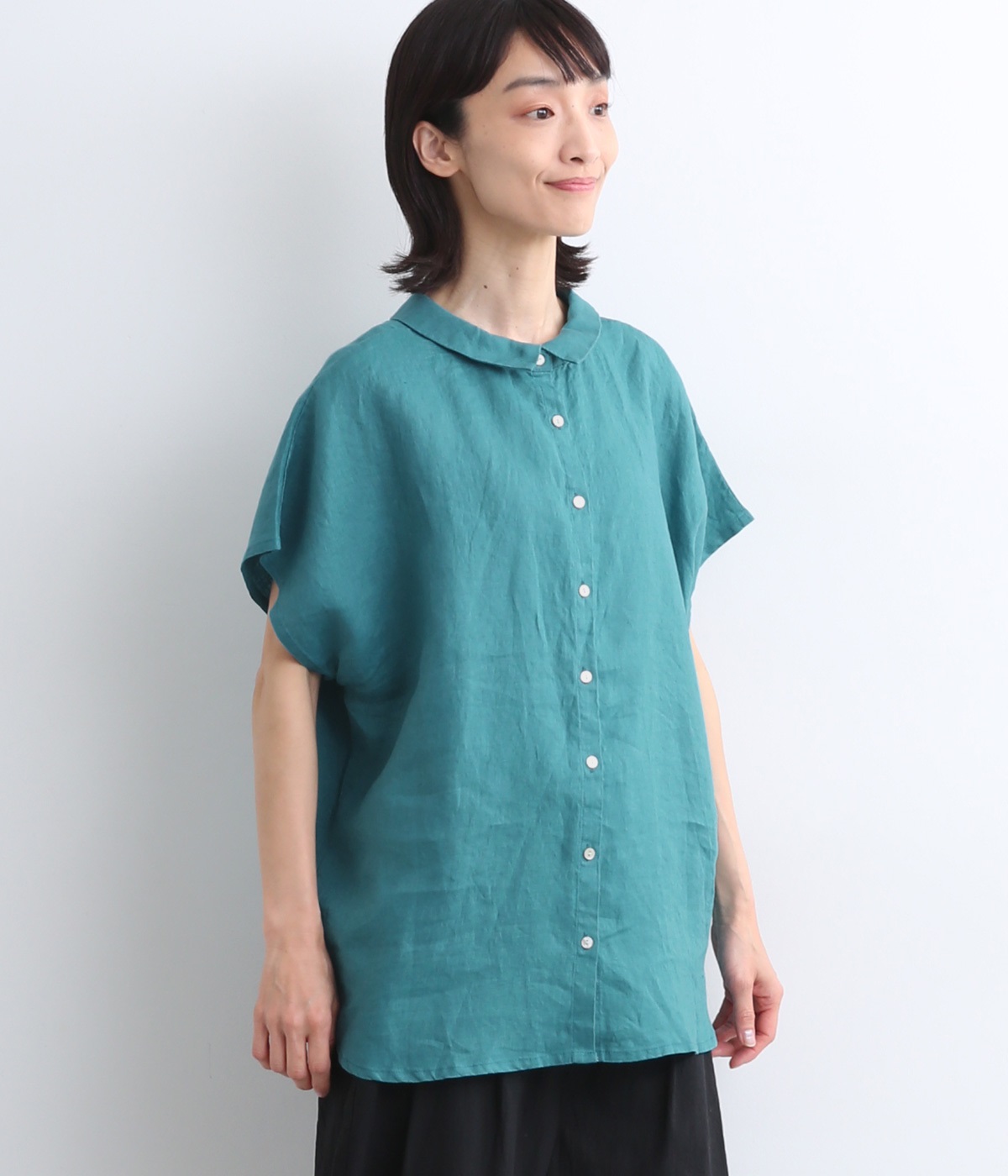 14番手リネン　2way襟付きブラウス(ターコイズ-ONESIZE)