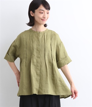 14番手リネン　タックバンドブラウス(カーキ-ONESIZE)