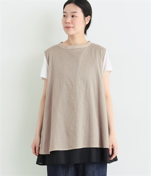 ラミーコットン　2枚重ねベスト(グレージュ×ブラック-ONESIZE)