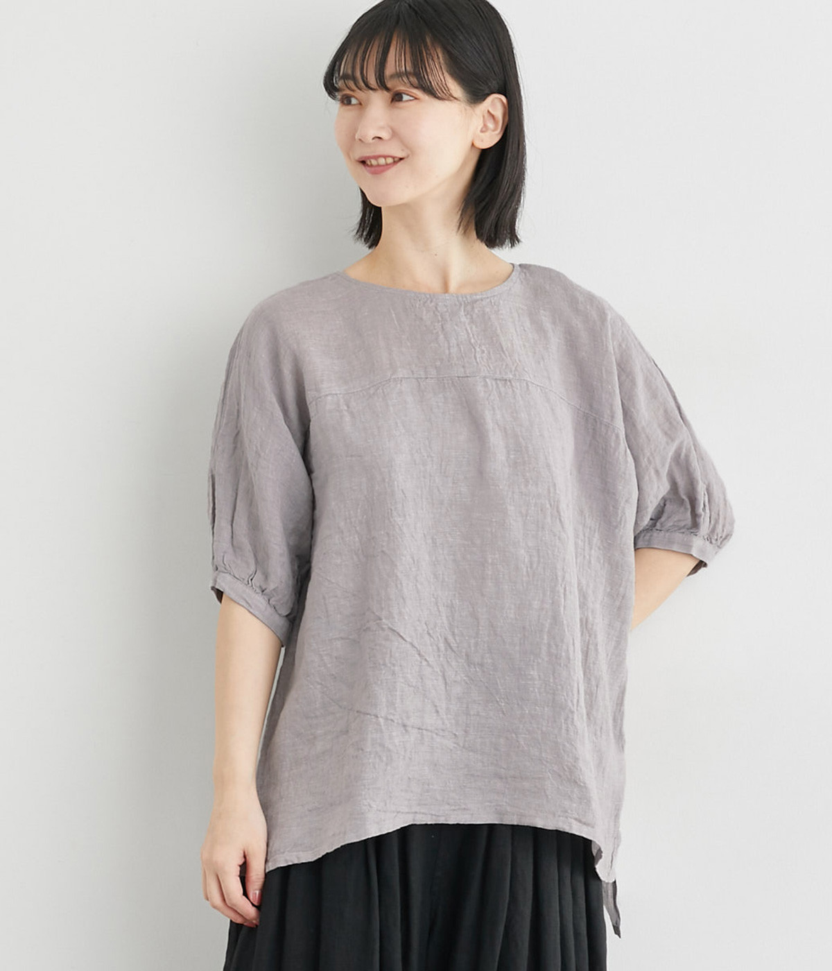 リネンシャンブレー　ドルマンギャザーブラウス(スチールグレー-ONESIZE)