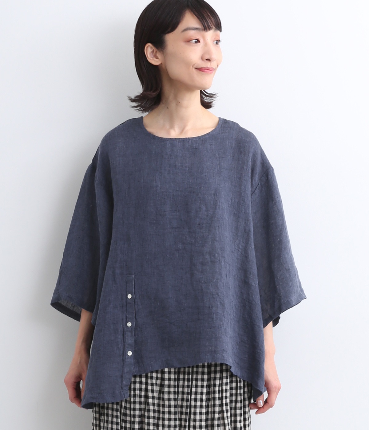 リネンシャンブレー　サイドボタンブラウス(ブルー-ONESIZE)