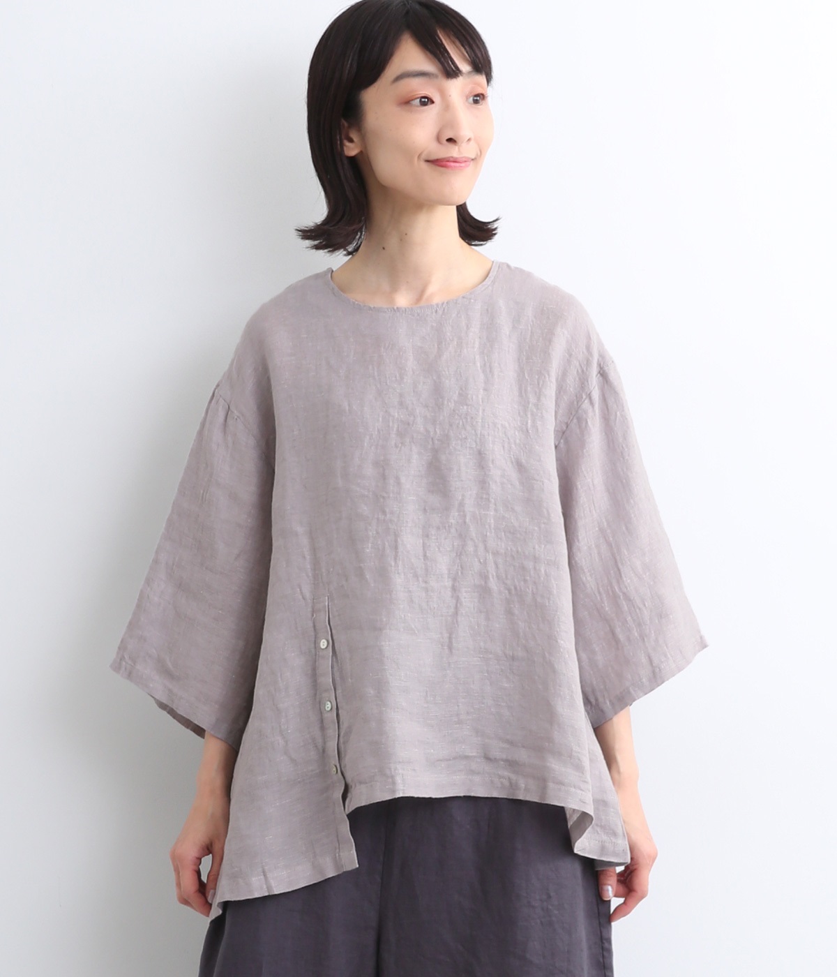 リネンシャンブレー　サイドボタンブラウス(スチールグレー-ONESIZE)
