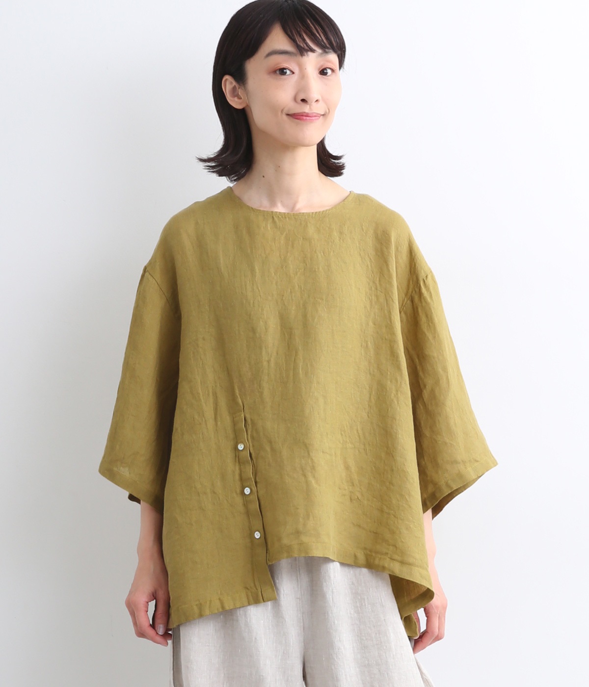 リネンシャンブレー　サイドボタンブラウス(マスタード-ONESIZE)