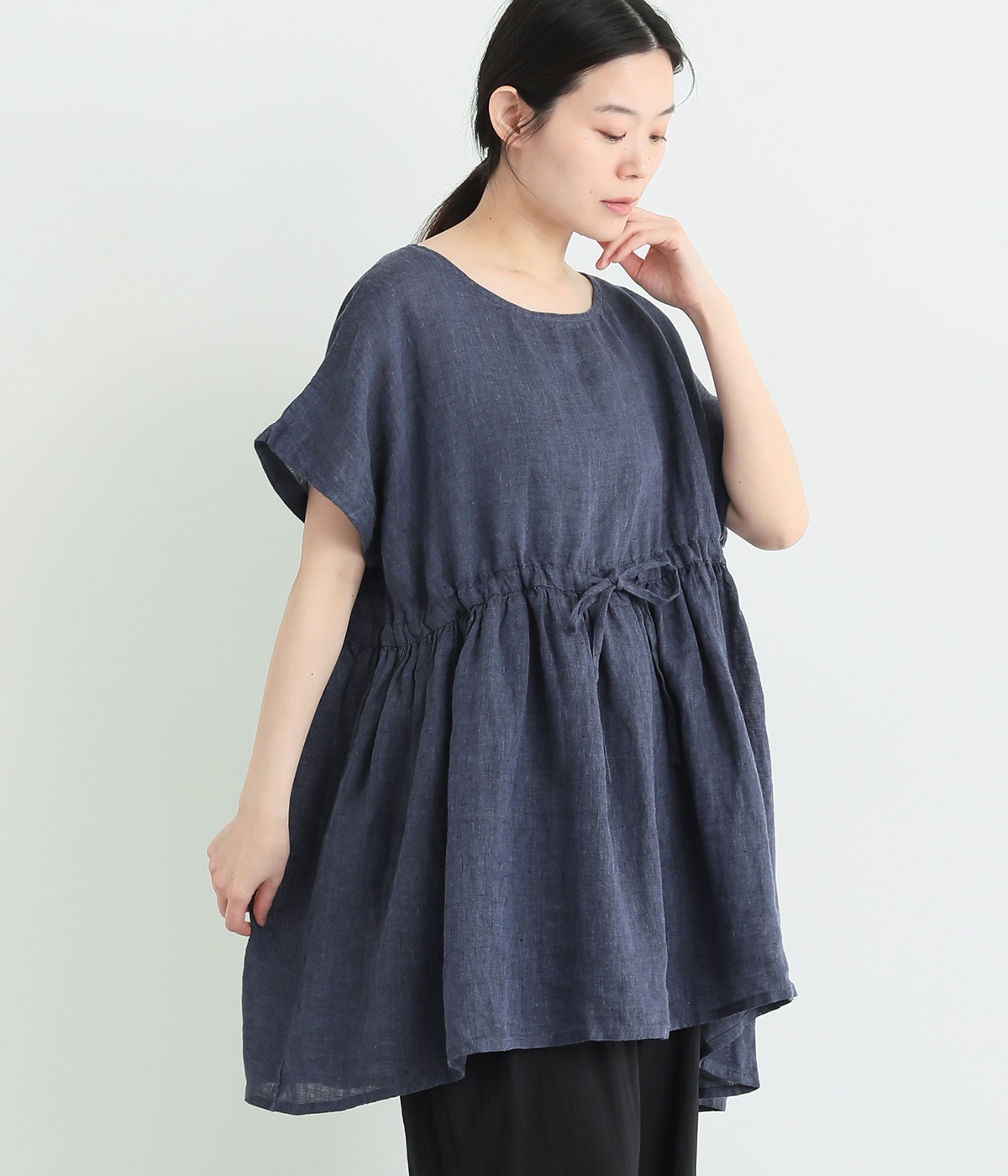 リネンシャンブレー　ウエスト調整チュニック(ブルー-ONESIZE)