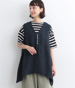 9番手リネン　多ボタンフレアベスト(ネイビー-ONESIZE)