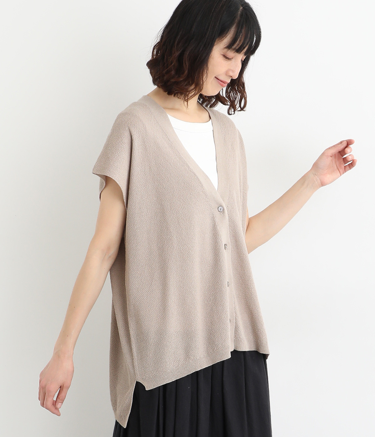 リネンコットン　ニットカーディガン(ベージュ-ONESIZE)