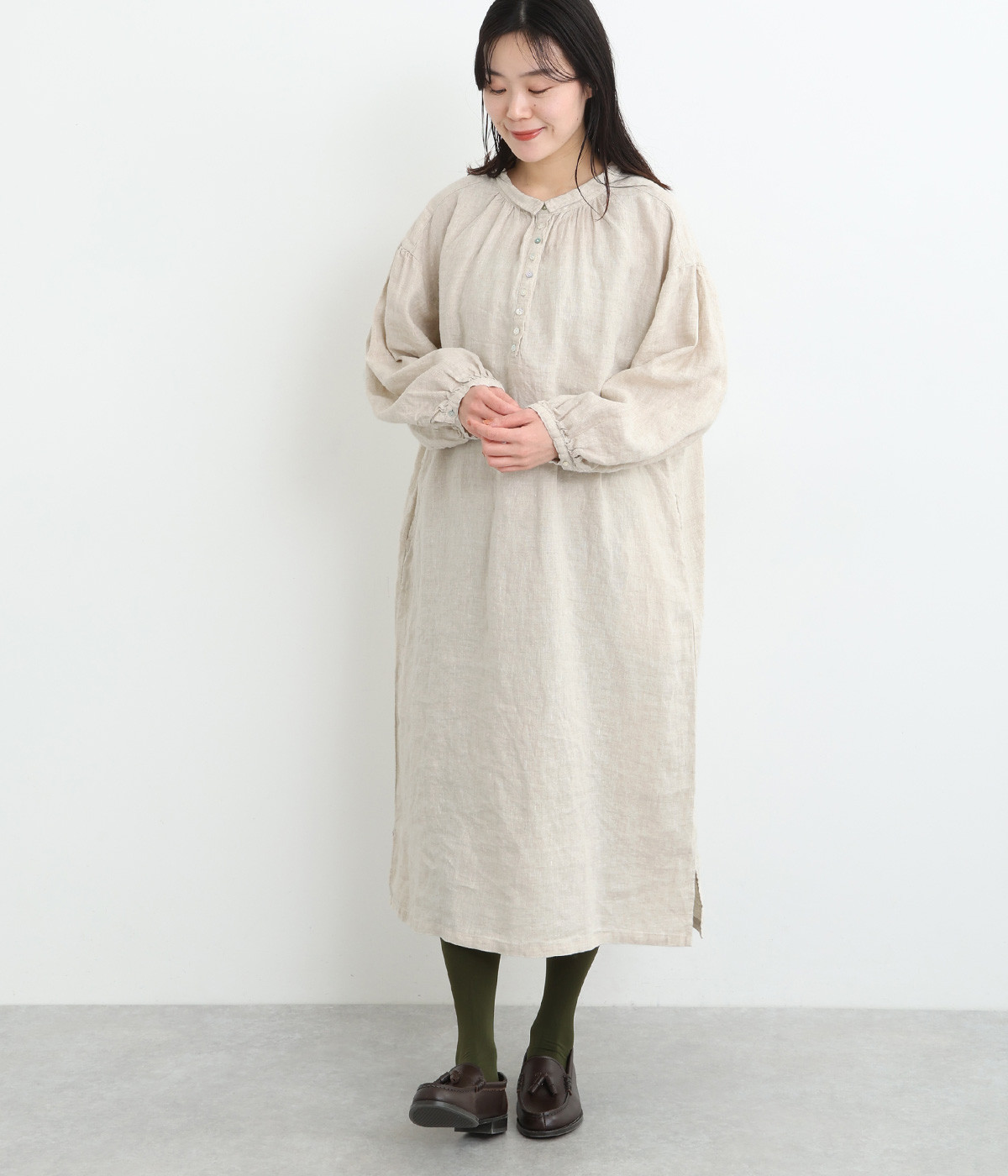 14番手リネン ボリューム袖チビ襟ワンピース(キナリ-ONESIZE)