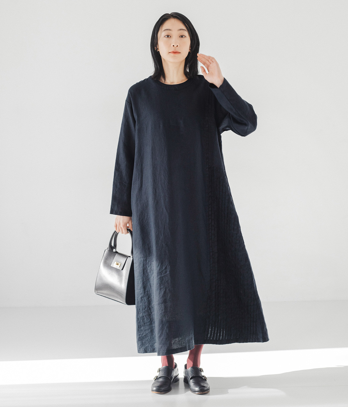 14番手リネン2wayサイドピンタック切り替えワンピース(ネイビー-ONESIZE)