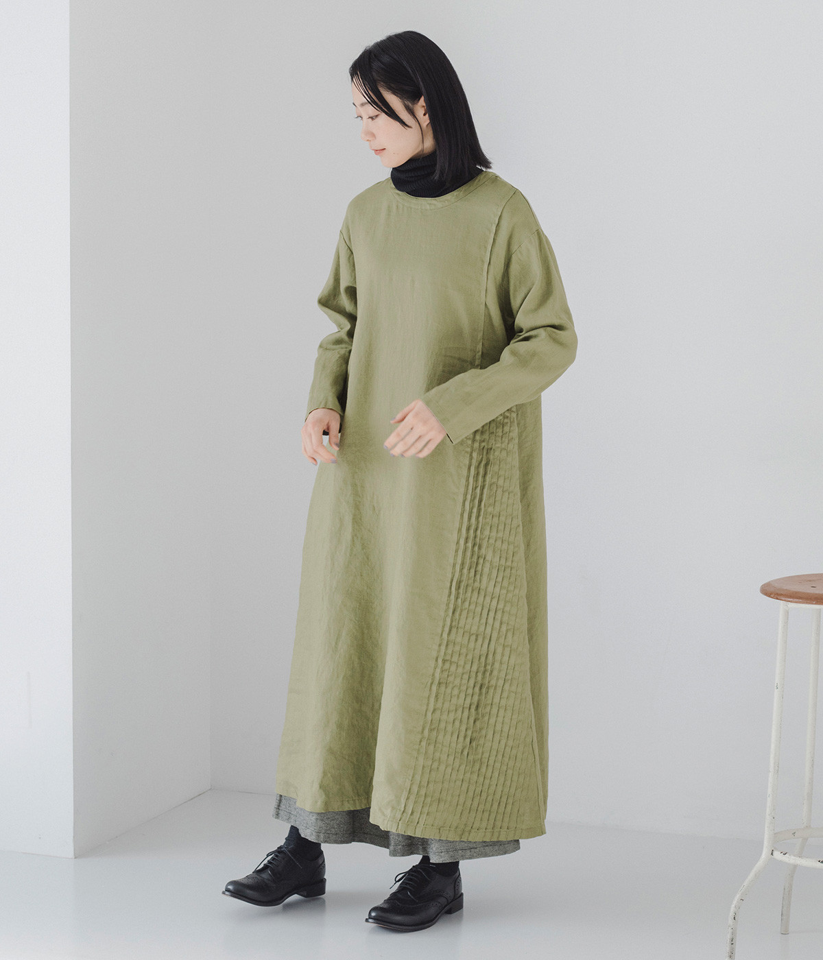 14番手リネン2wayサイドピンタック切り替えワンピース(カーキ-ONESIZE)