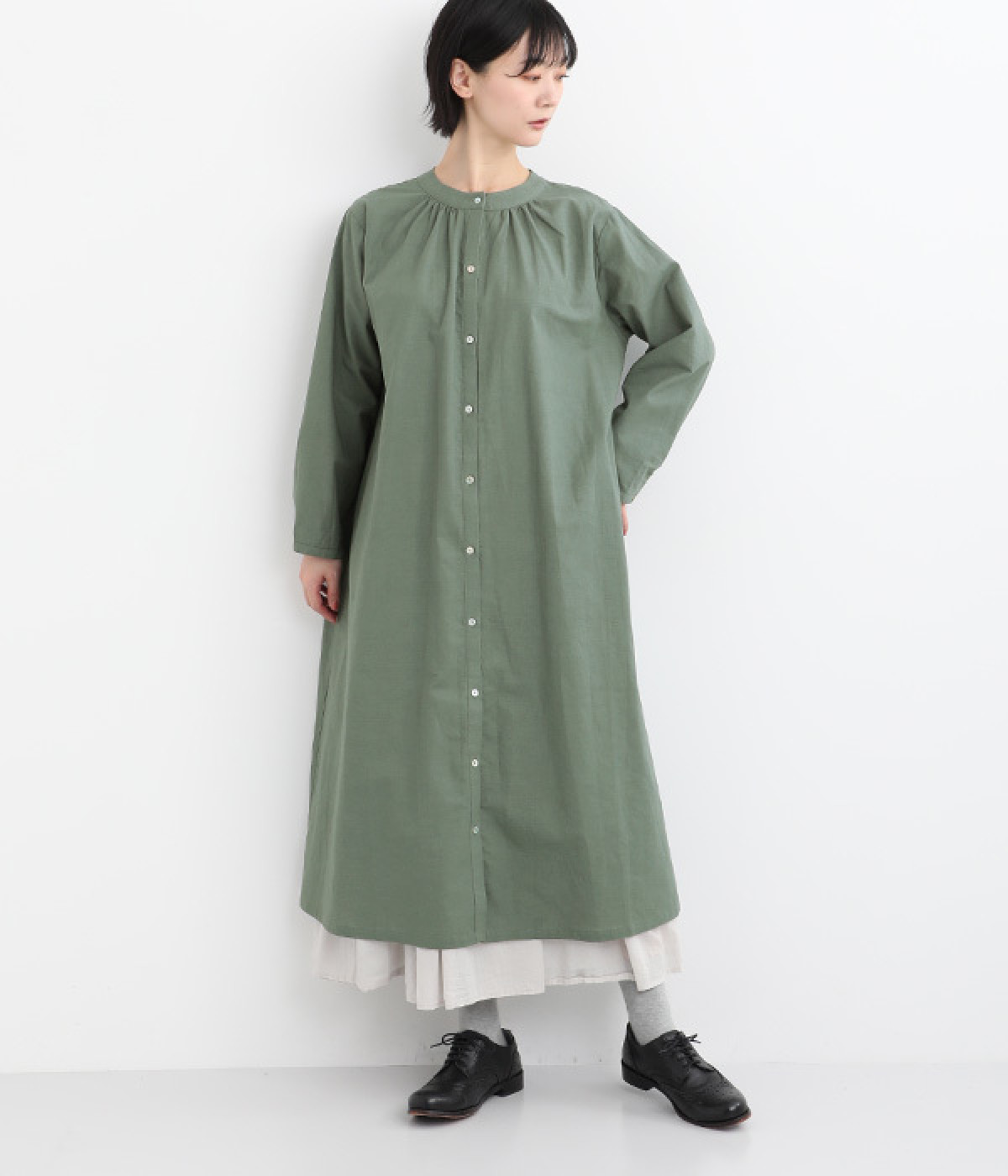 コットンリネン前後ピンタックワンピース(モスグリーン-ONESIZE)