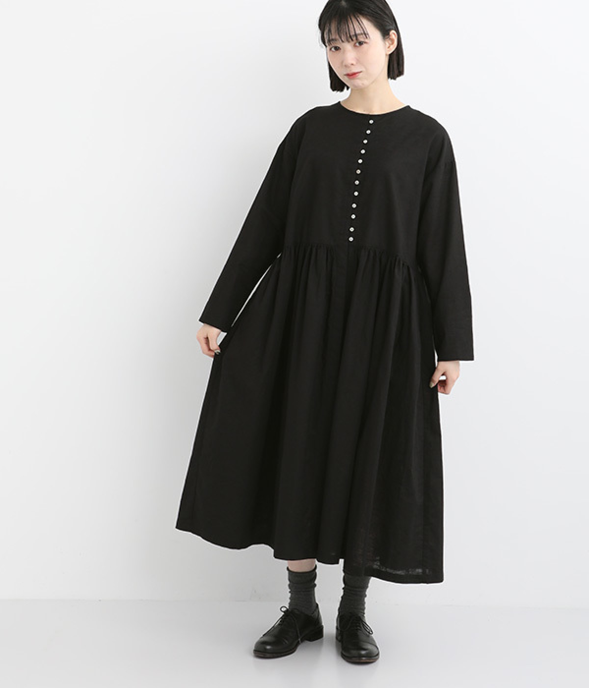 コットンリネンウエストギャザー比翼ワンピース(ブラック-ONESIZE)