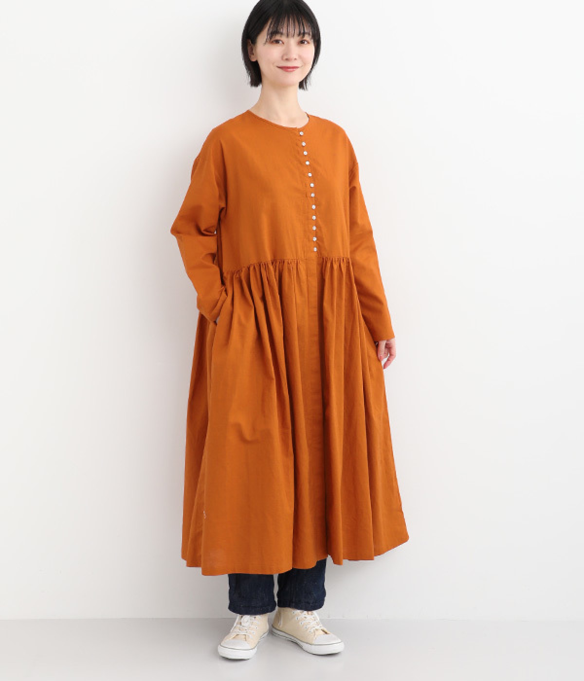 コットンリネンウエストギャザー比翼ワンピース(オレンジ-ONESIZE)