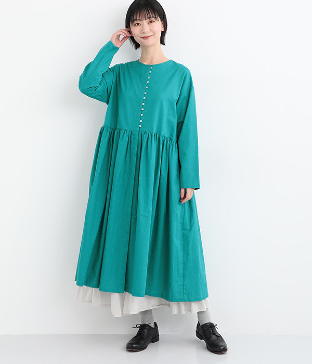 コットンリネンウエストギャザー比翼ワンピース(ビリジアン-ONESIZE)