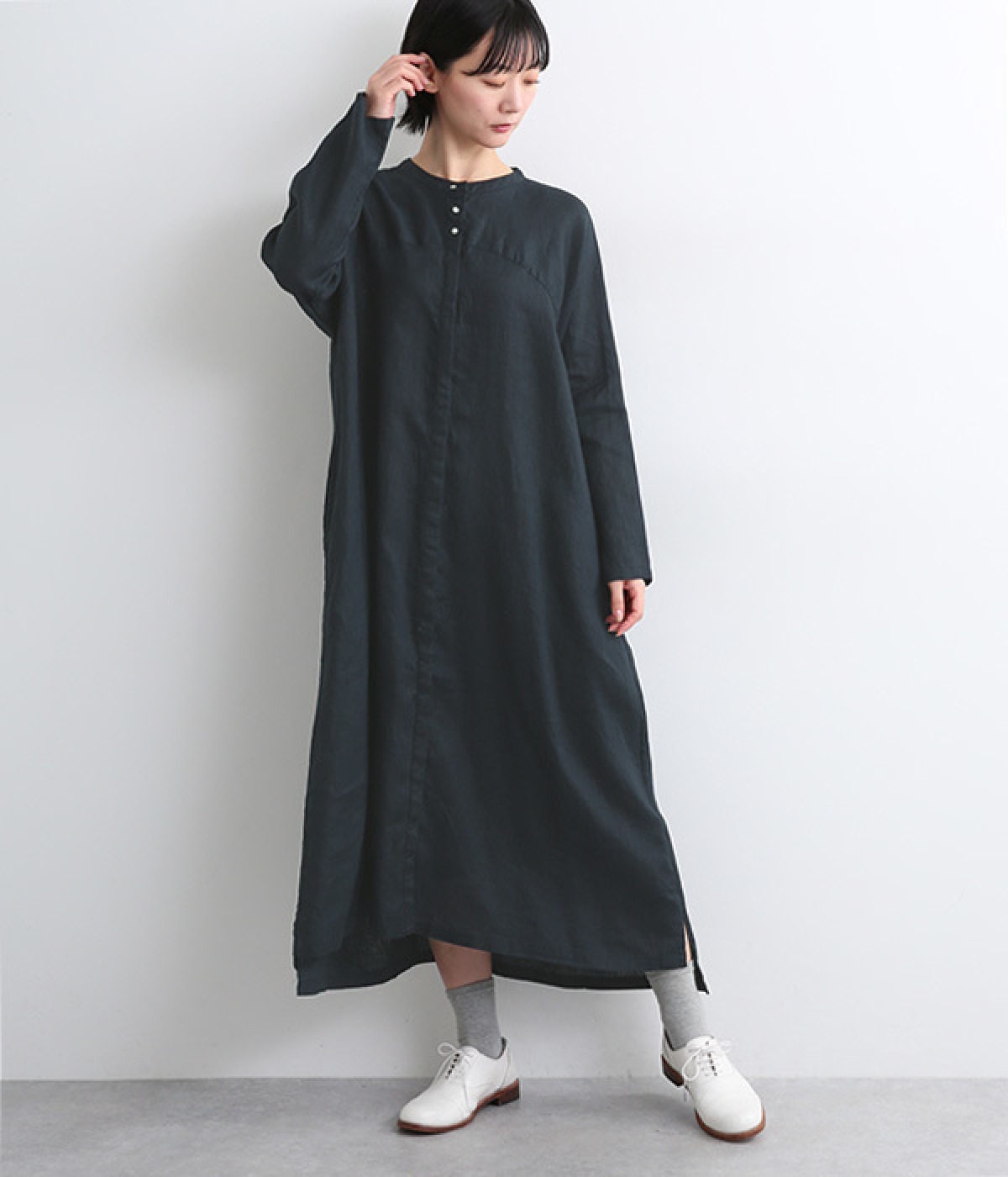 14番手リネンドルマン切り替え比翼ワンピース(ネイビー-ONESIZE)