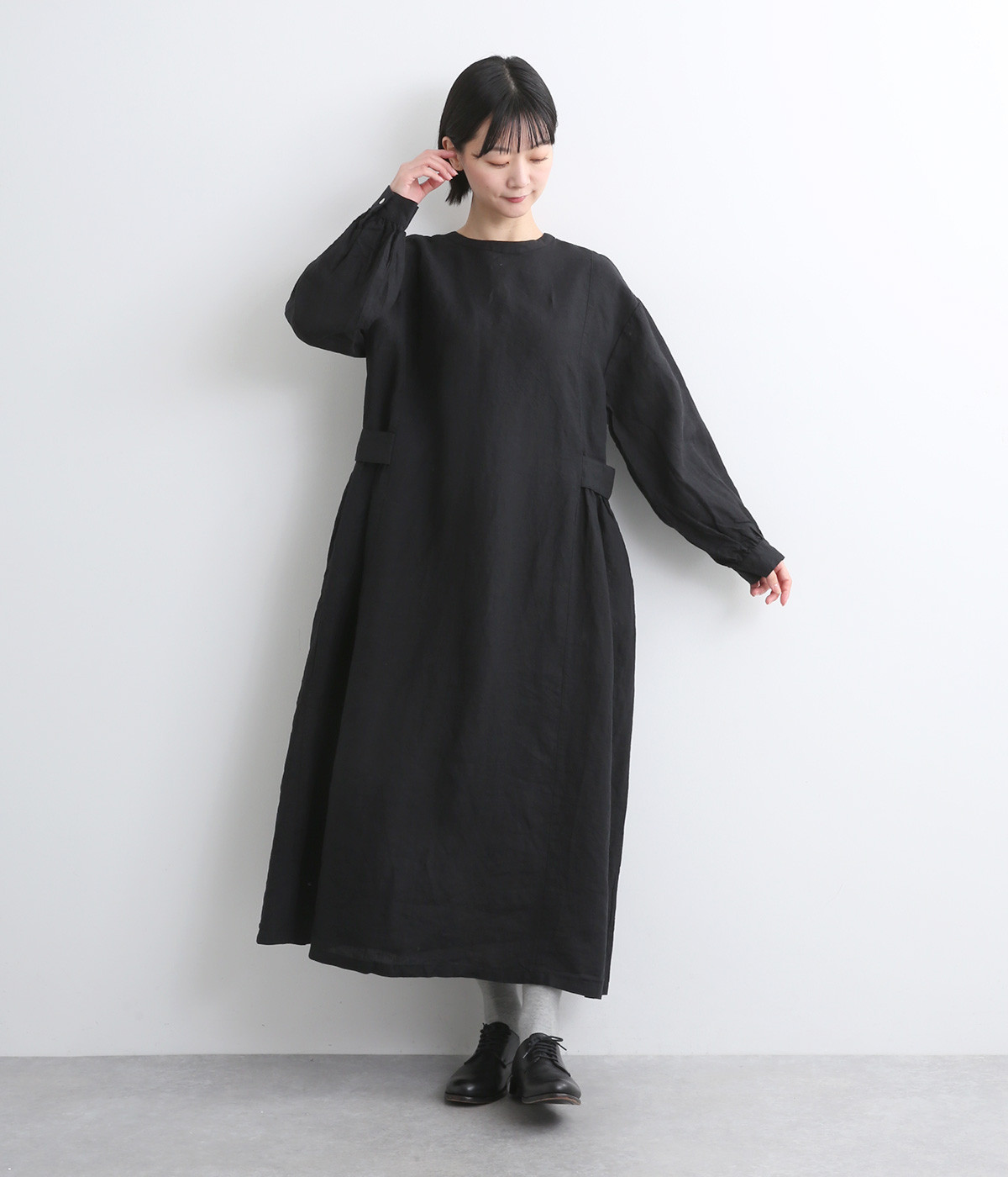 14番手リネンサイドベルト2wayワンピース(ブラック-ONESIZE)