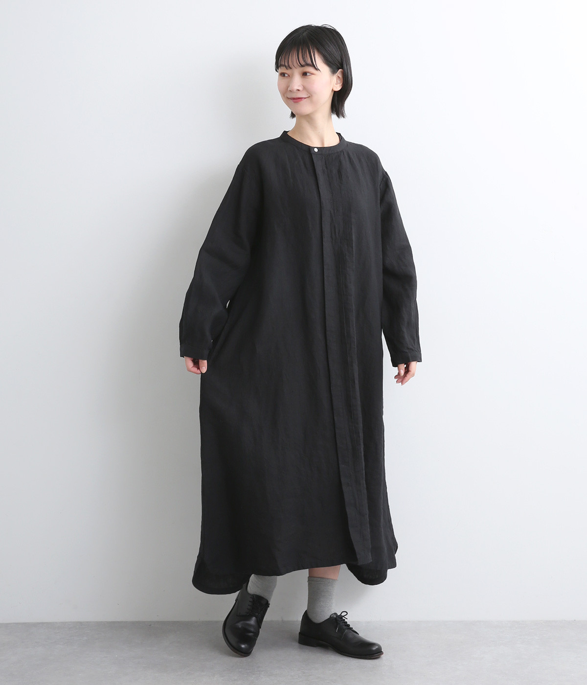 14番手リネンアシンメトリーピンタックワンピース(ブラック-ONESIZE)