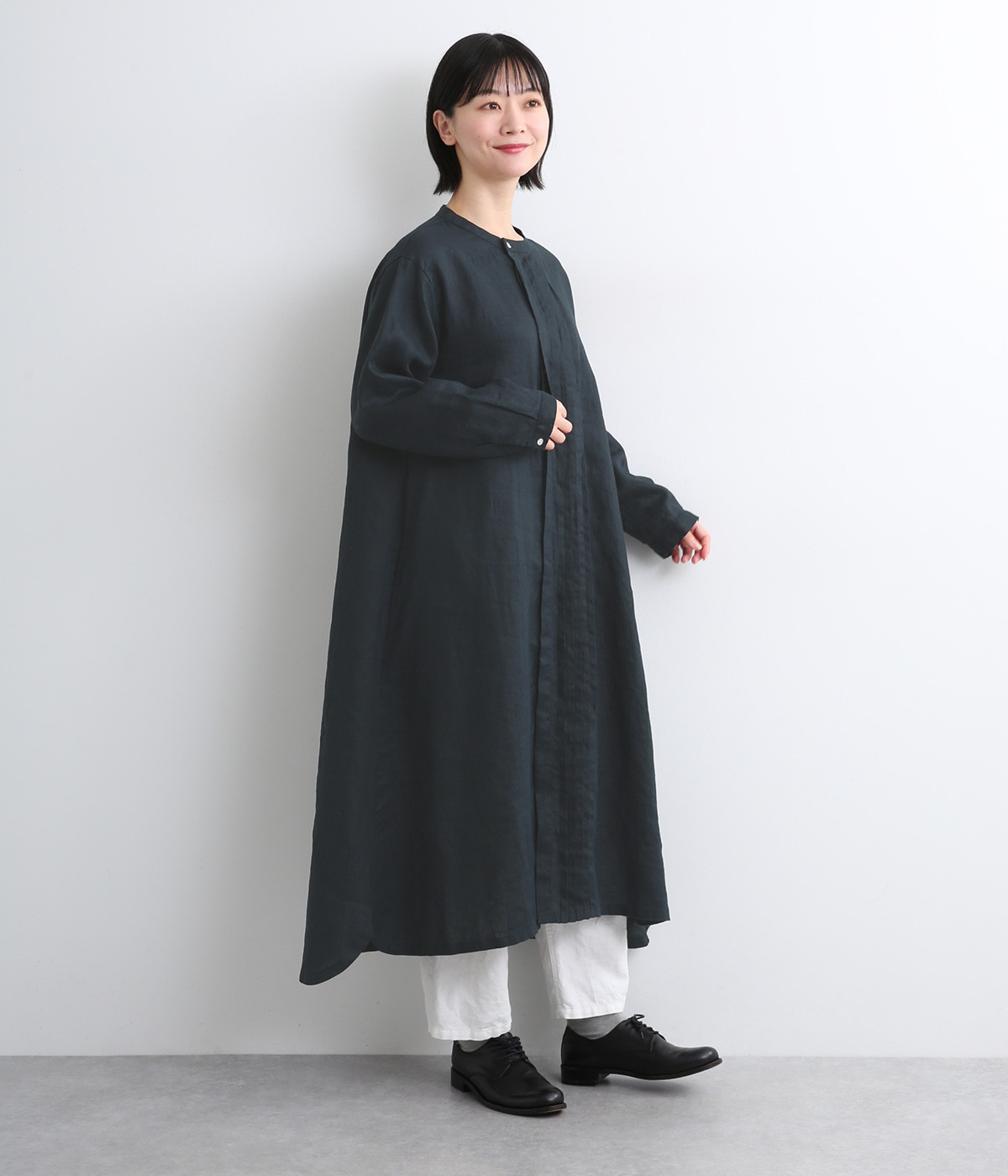 14番手リネンアシンメトリーピンタックワンピース(ネイビー-ONESIZE)