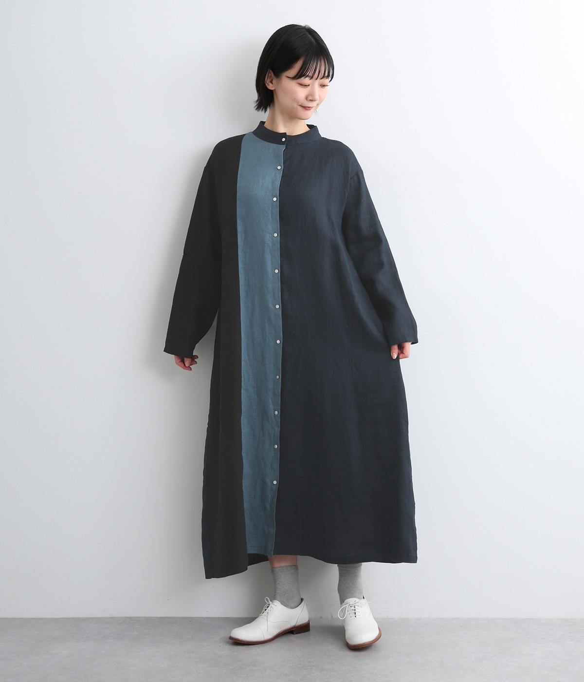 14番手リネン配色切り替えスタンド襟ワンピース(ネイビー×ダルブルー×ブラック-ONESIZE)