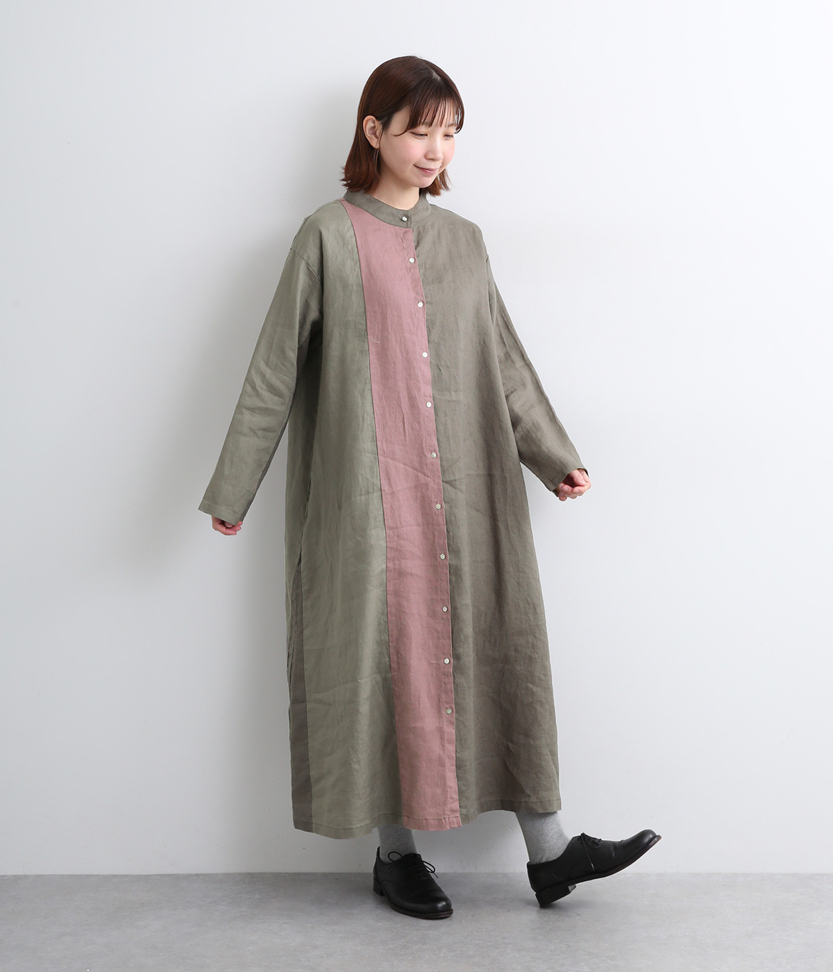14番手リネン配色切り替えスタンド襟ワンピース(チャコール×ダスティパープル×アッシュグレー-ONESIZE)