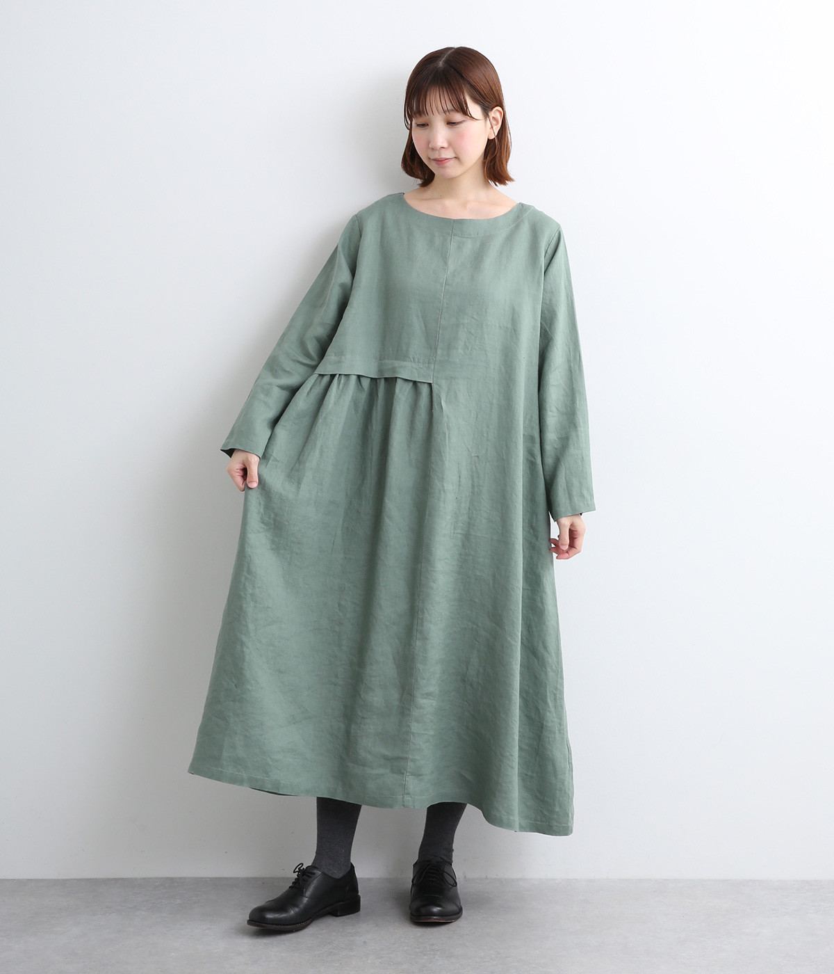 14番手リネンアシンメトリーギャザー切り替えワンピース(ダルグリーン-ONESIZE)