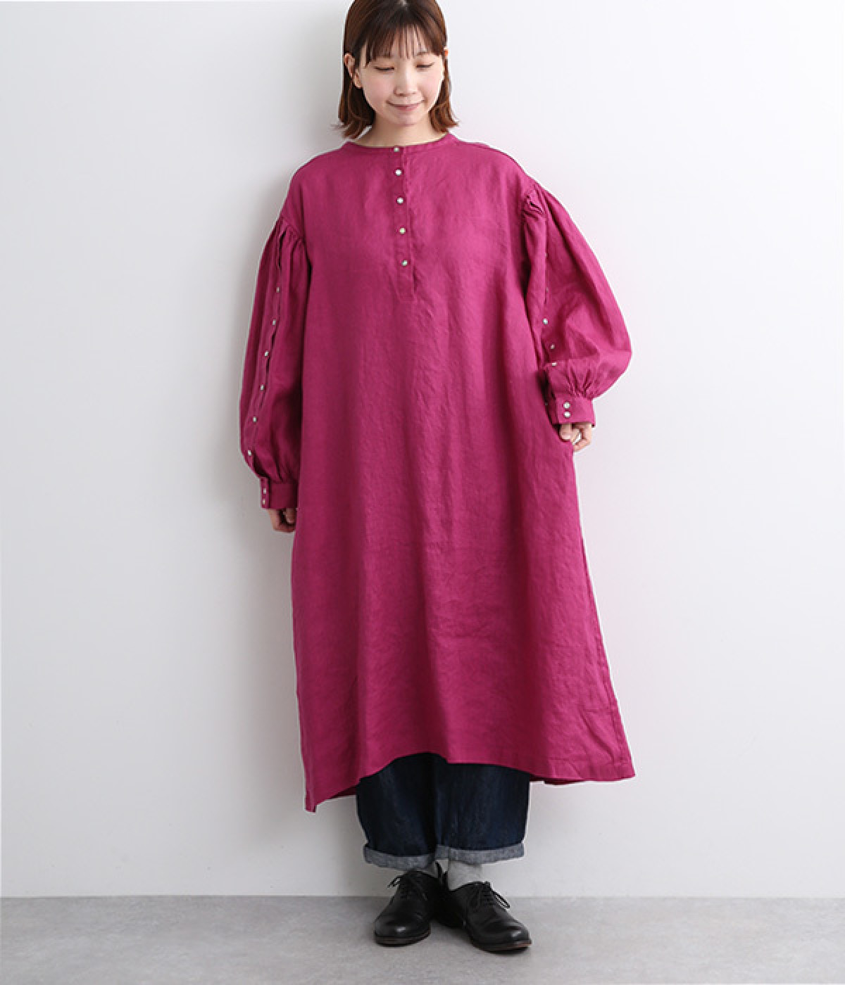 14番手リネン袖ボタンあきデザインワンピース(ラズベリー-ONESIZE)