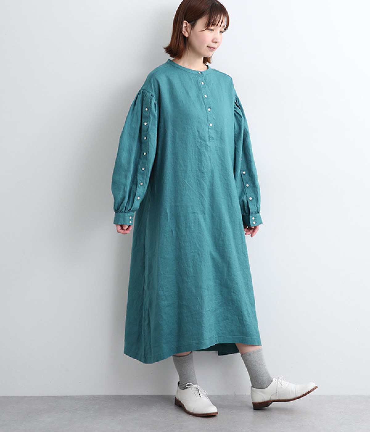 14番手リネン袖ボタンあきデザインワンピース(ターコイズ-ONESIZE)