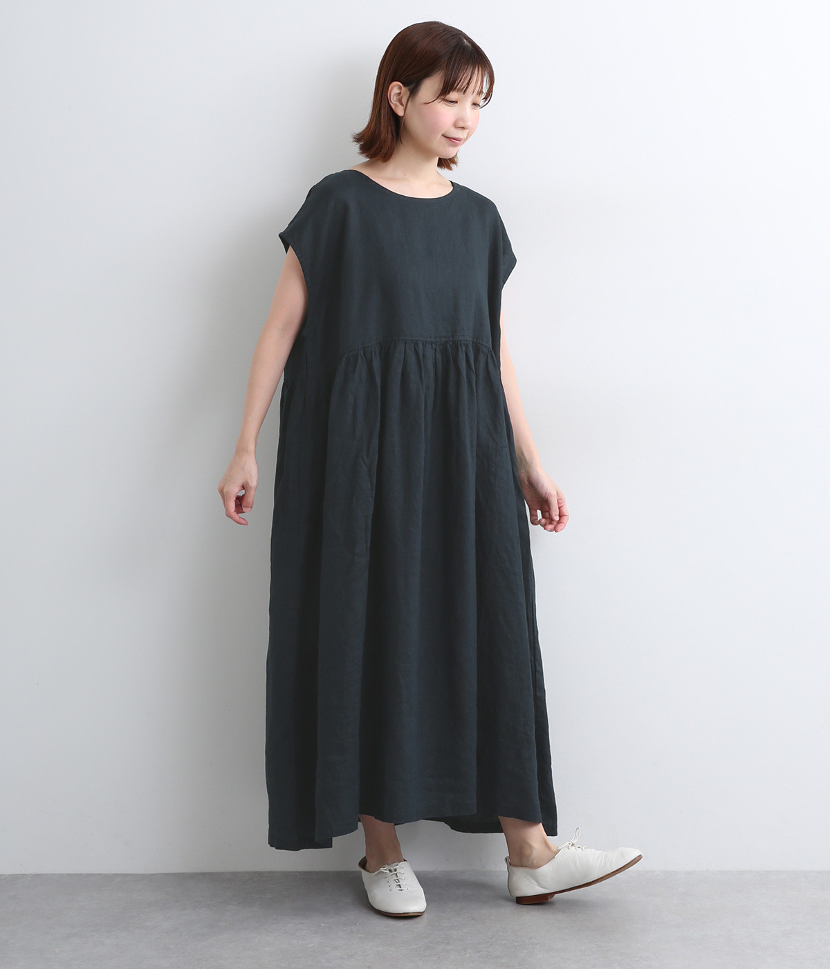 14番手リネンウエスト切り替えノースリーブワンピース(ネイビー-ONESIZE)