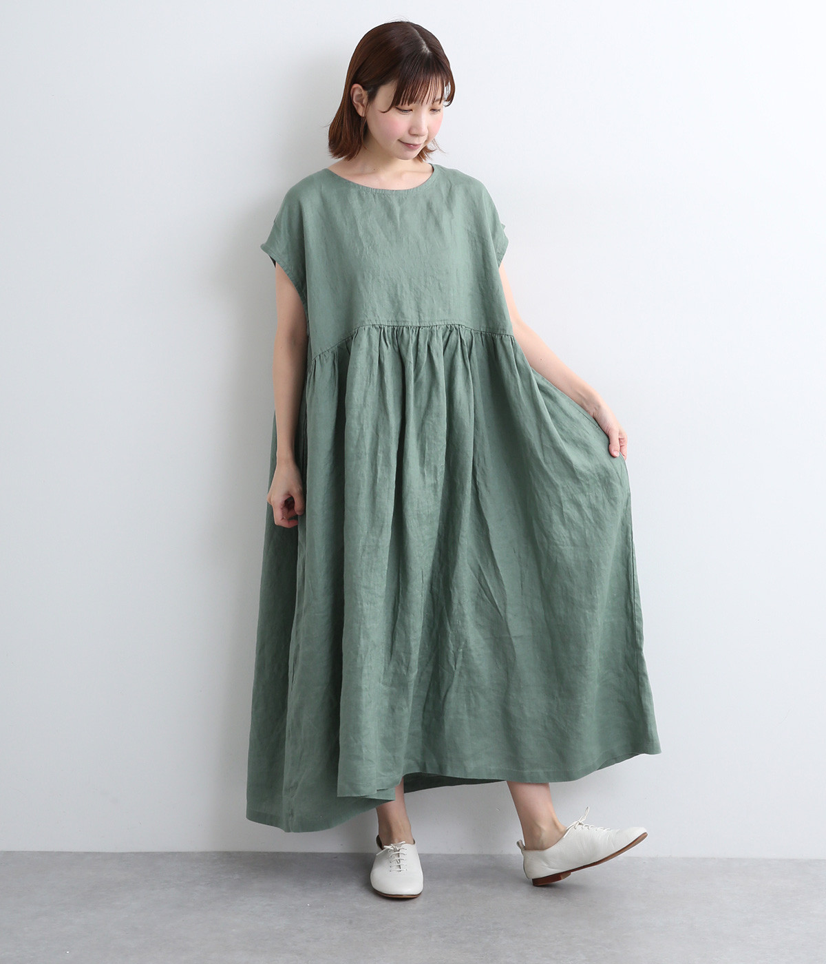 14番手リネンウエスト切り替えノースリーブワンピース(ダルグリーン-ONESIZE)