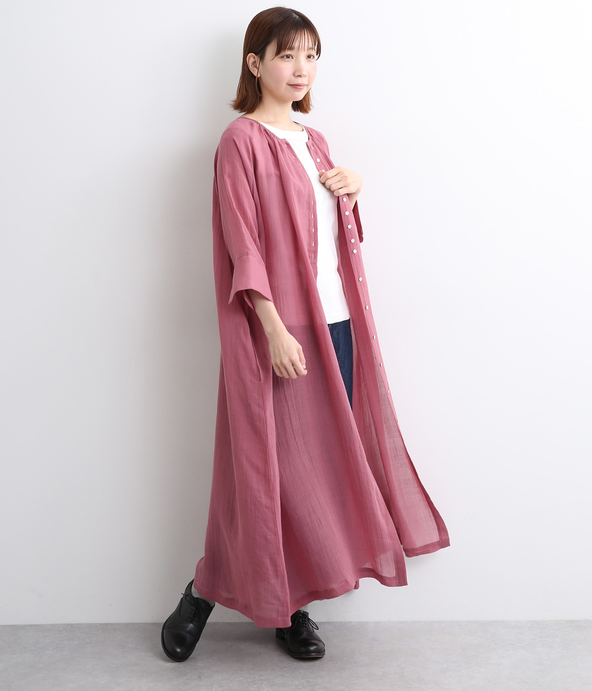 リネン楊柳比翼ボタンワンピース(マゼンダ-ONESIZE)