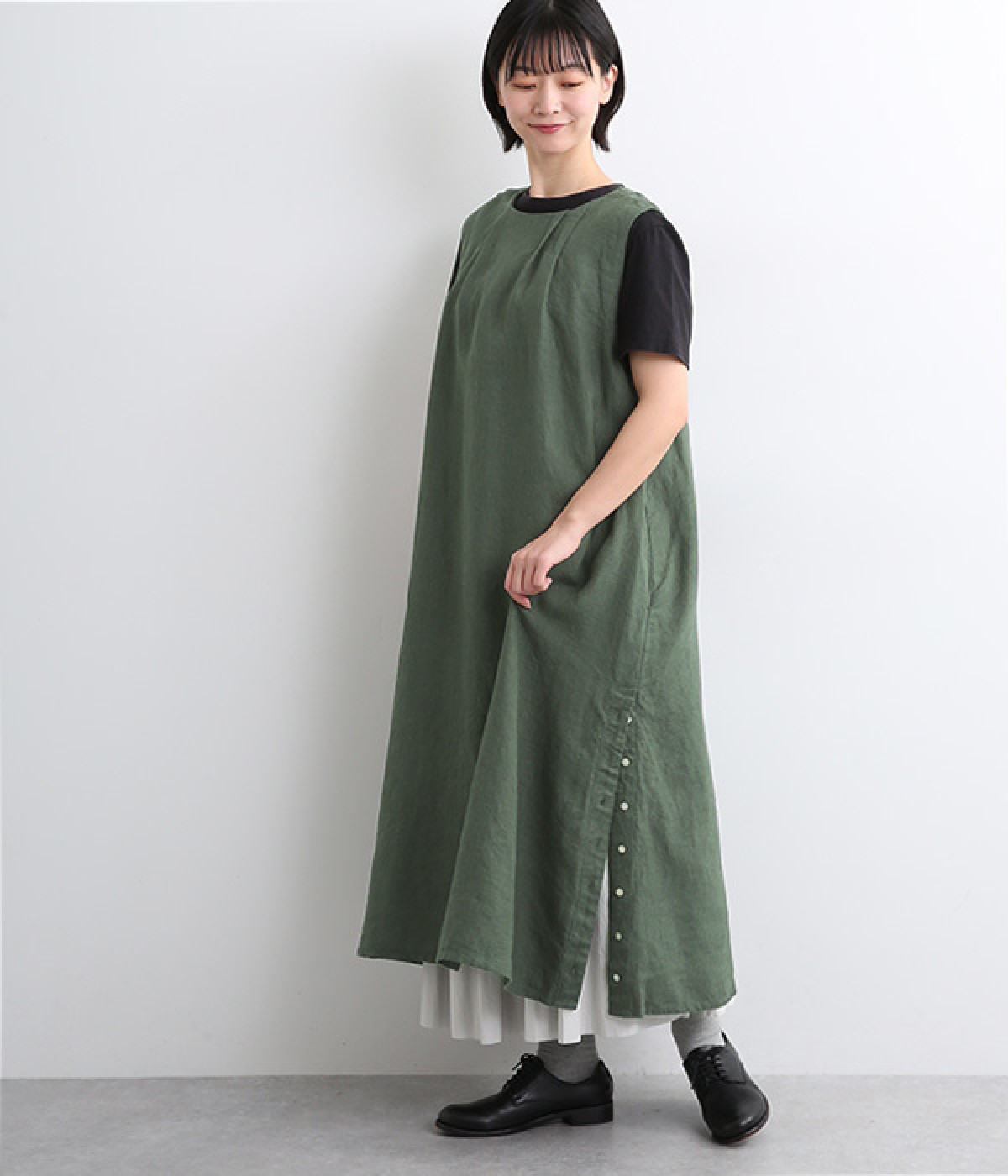 9番手リネン前タックジャンパースカート(モスグリーン-ONESIZE)
