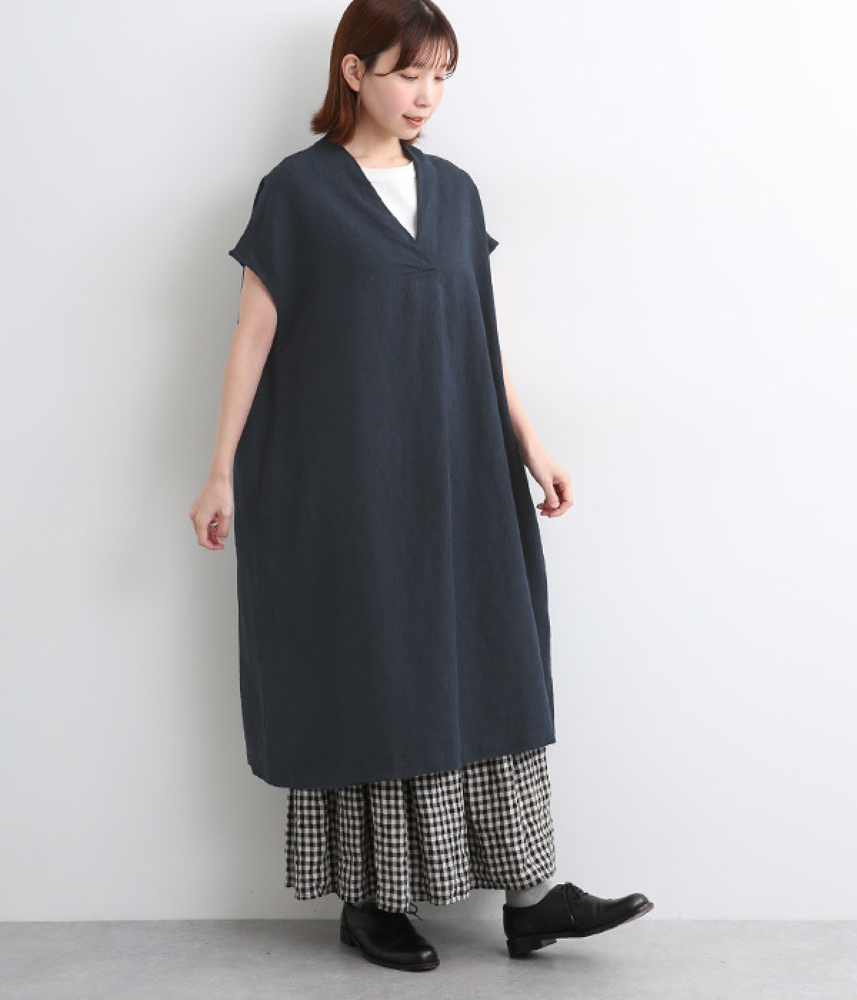 9番手リネンセンタータックノースリーブワンピース(ネイビー-ONESIZE)