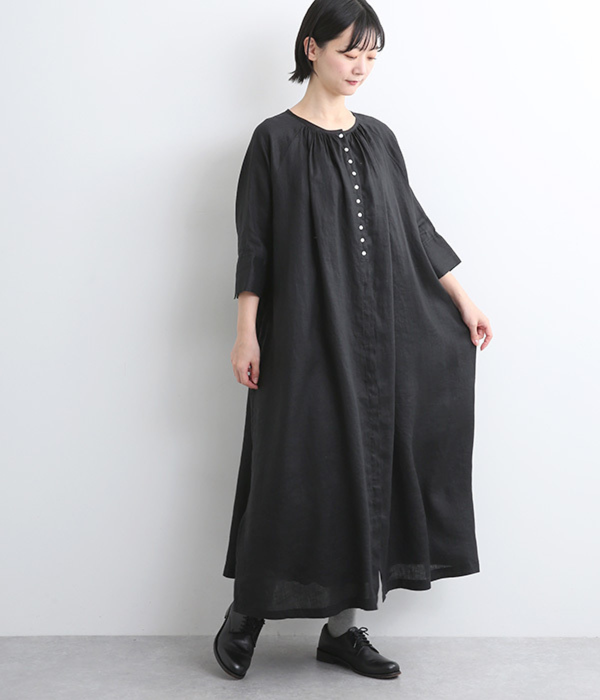 21番手リネン比翼ワンピース(ブラック-ONESIZE)