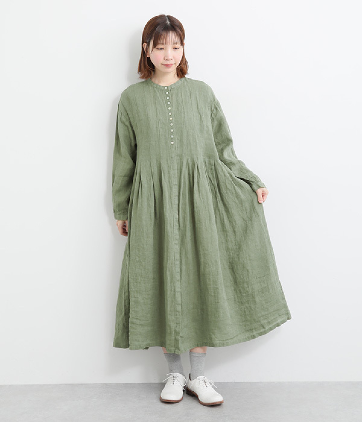 リネンシャンブレータック比翼ワンピース(ダルグリーン-ONESIZE)