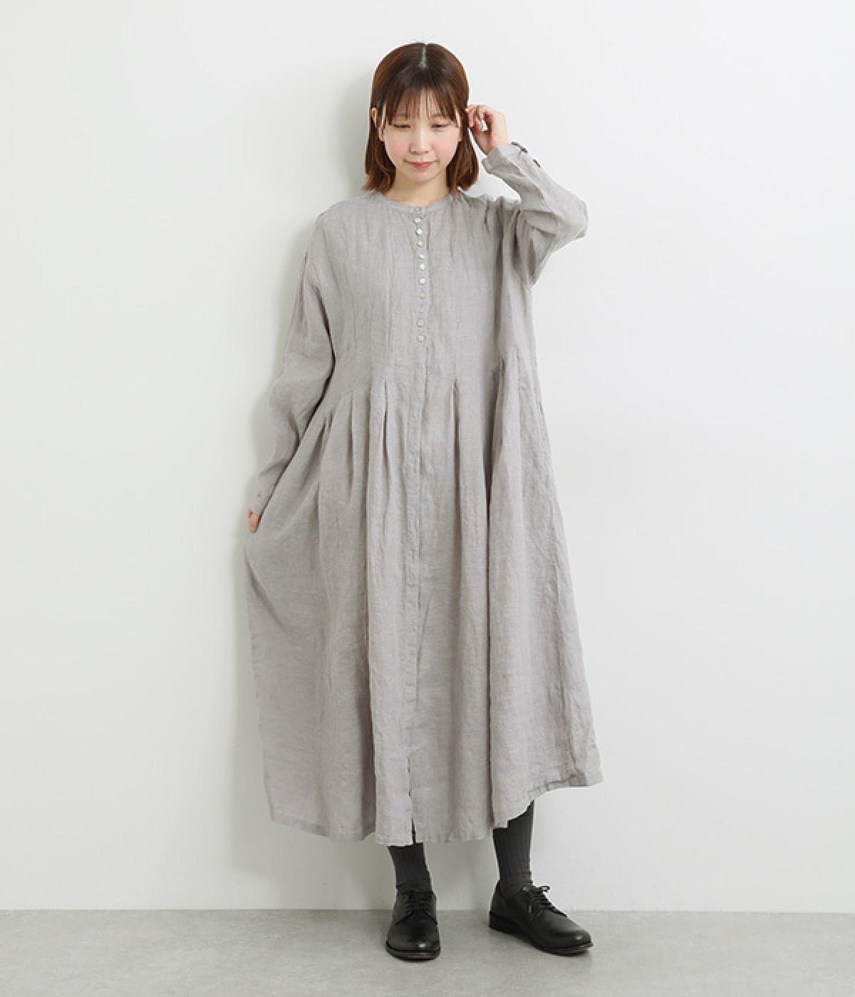 リネンシャンブレータック比翼ワンピース(スチールグレー-ONESIZE)