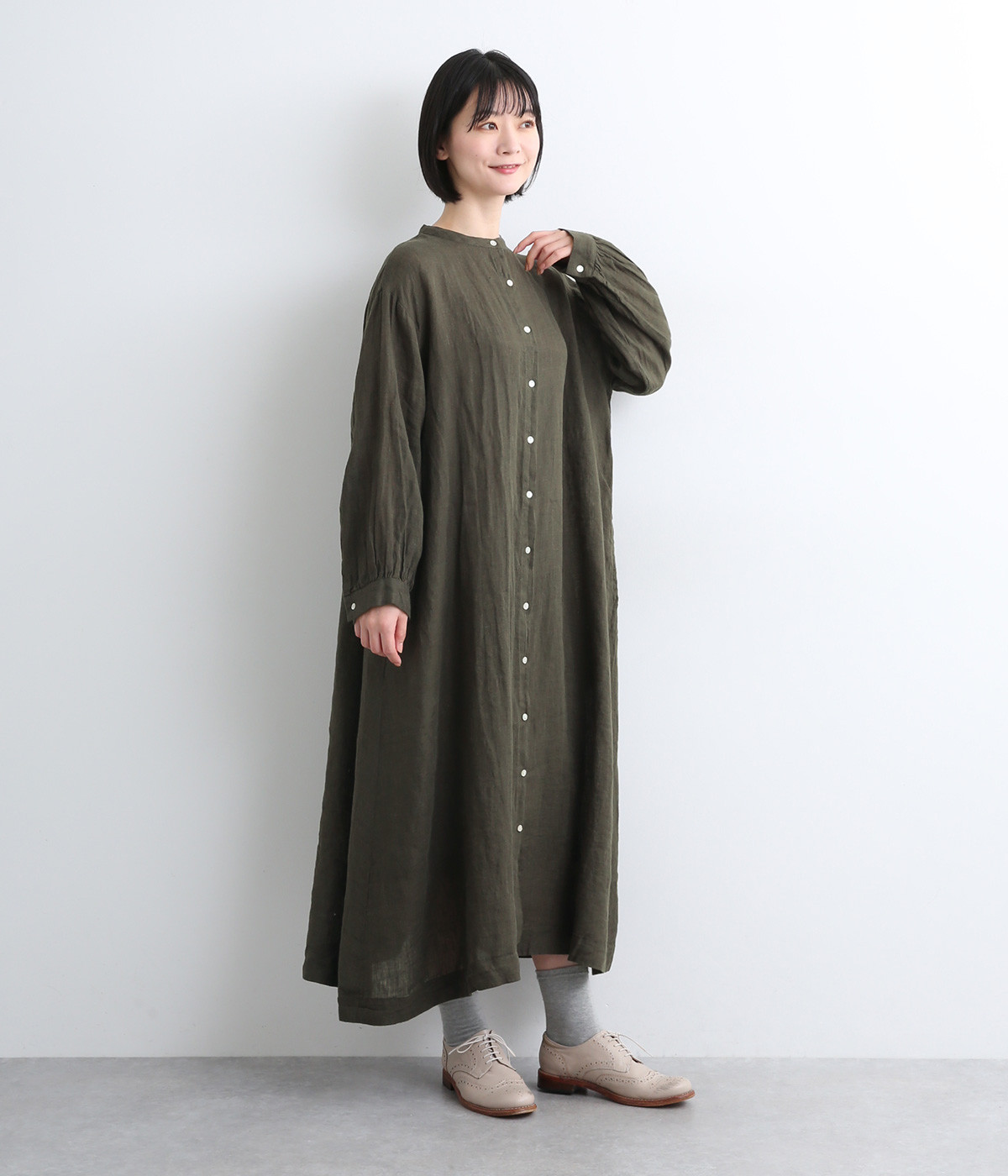 リネンシャンブレー後結びワンピース(チャコール-ONESIZE)