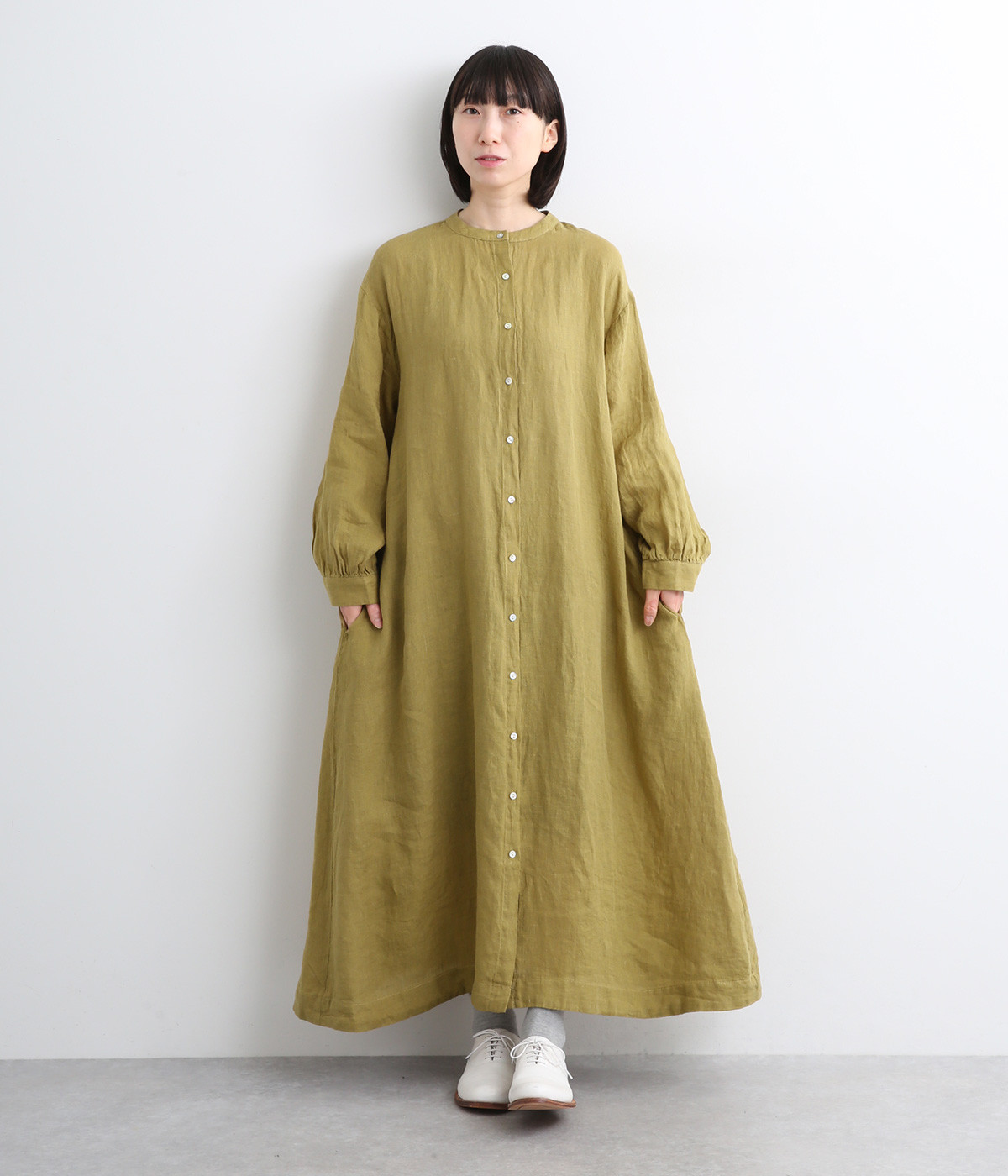 リネンシャンブレー後結びワンピース(マスタード-ONESIZE)