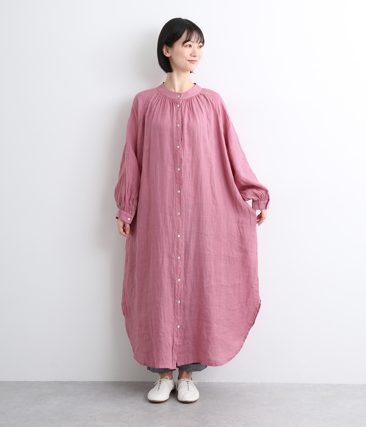 リネンシャンブレーラウンド襟ワンピース(マゼンダ-ONESIZE)