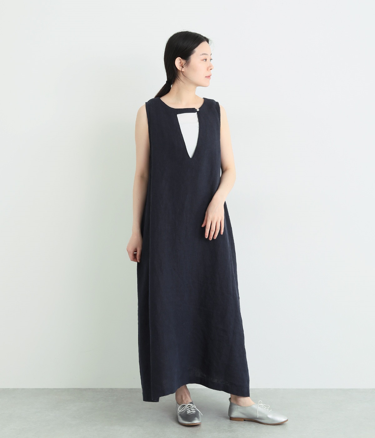 9番手リネン　2wayノースリーブワンピース(ネイビー-ONESIZE)