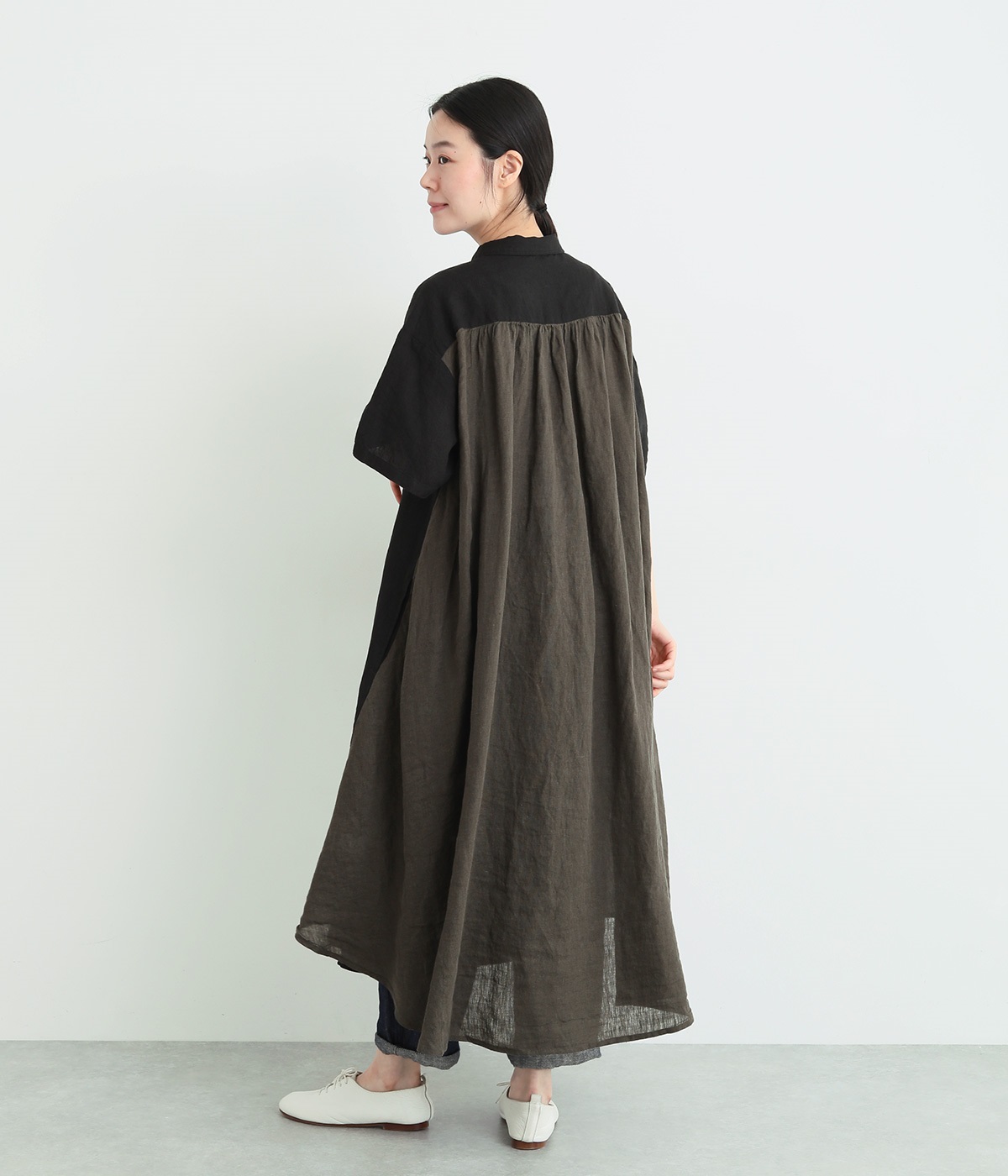 14番手リネン×シャンブレーシャツワンピース(ブラック×チャコール-ONESIZE)
