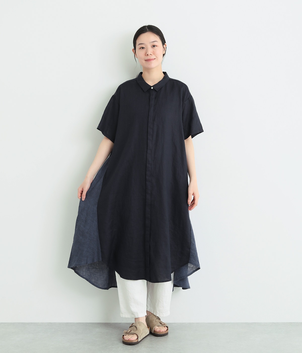 14番手リネン×シャンブレーシャツワンピース(ネイビー×ブルー-ONESIZE)